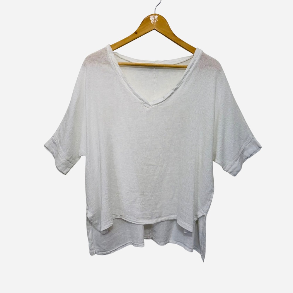 Catwalk Studio White Linen Cotton V-Neck Top Textured Boxy Lagenlook,‎ OS